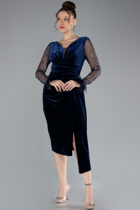 Robe De Soirée Midi Velours Bleu Marine ABK2168