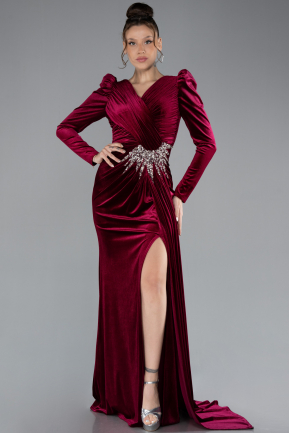 Robe de Soirée Longue Velours Rouge Bordeaux ABU4375