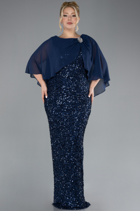 Robe De Soirée Grande Taille Longue Squameuse Bleu Marine ABU4354