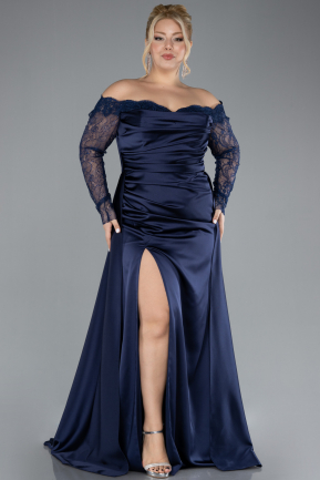 Robe Grande Taille Longue Satin Bleu Marine ABU4348