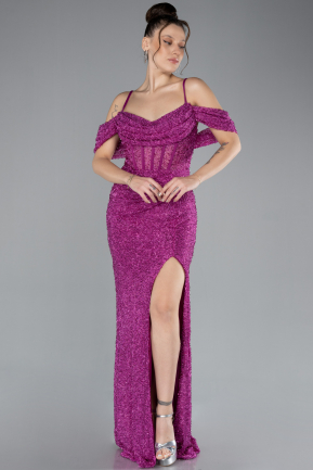 Robe de Soirée Longue Perlé Fushia ABU4394