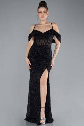 Robe de Soirée Longue Perlé Noir ABU4394