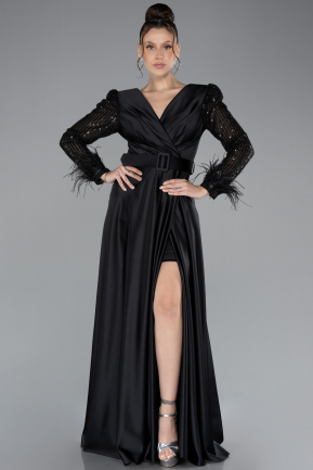 Robe de Soirée Longue Satin Noir ABU4399