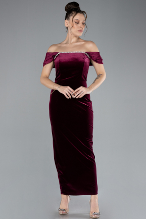 Robe De Soirée Midi Velours Rouge Bordeaux ABK2173