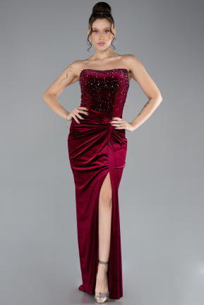 Robe de Soirée Longue Velours Rouge Bordeaux ABU4405