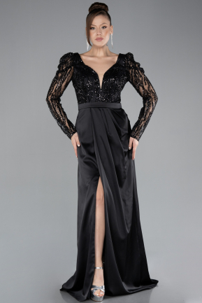 Robe de Soirée Longue Satin Noir ABU4499