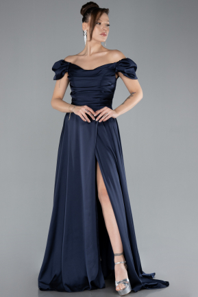 Robe de Soirée Longue Satin Bleu Marine ABU4508