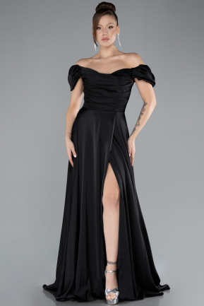 Robe de Soirée Longue Satin Noir ABU4508