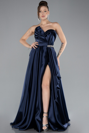 Robe de Soirée Longue Satin Bleu Marine ABU4522