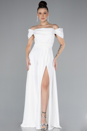 Robe de Soirée Longue Satin Blanc ABU4531