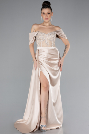 Robe De Soirée Satin Longue Beige ABU4424