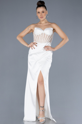 Robe de Soirée Longue Satin Blanc ABU4568