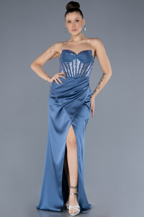 Robe de Soirée Longue Satin Indigo ABU4568