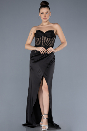 Robe de Soirée Longue Satin Noir ABU4568