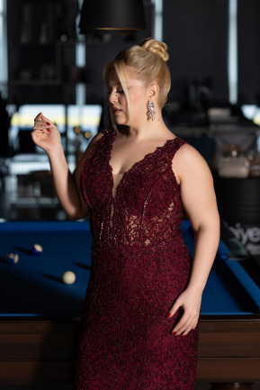 Robe De Mariée Grande Taille Longue Lacé Rouge Bordeaux ABU4504