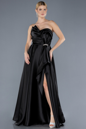 Robe de Soirée Longue Satin Noir ABU4561