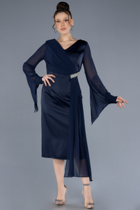 Robe De Invitation Grande Taille Midi Satin Bleu Marine ABK2194