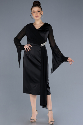 Robe De Invitation Grande Taille Midi Satin Noir ABK2194