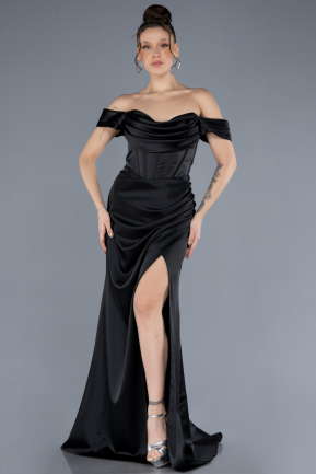 Robe de Soirée Longue Satin Noir ABU4582