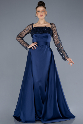 Robe de Soirée Longue Satin Bleu Marine ABU4583