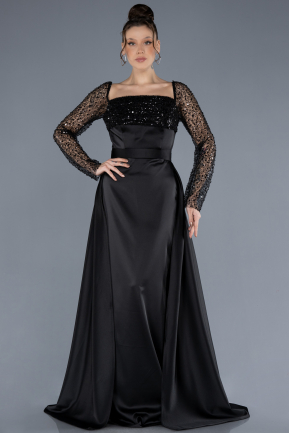 Robe de Soirée Longue Satin Noir ABU4583