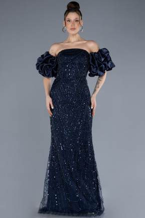 Robe de Soirée Longue Perlé Bleu Marine ABU4616