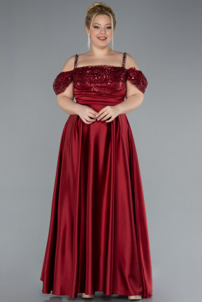 Robe De Fiançailles Grande Taille Longue Satin Rouge Bordeaux ABU4628