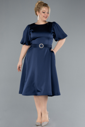 Robe De Invitation Grande Taille Satin Midi Bleu Marine ABK2055