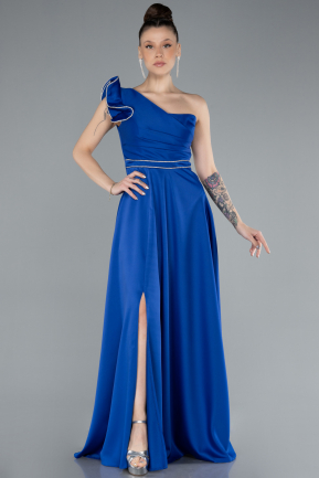 Robe de Soirée Longue Satin Bleu Saxe ABU4658