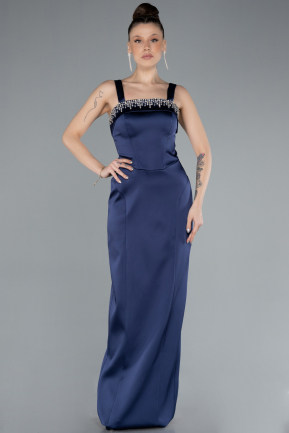 Robe de Soirée Longue Satin Bleu Marine ABU4660