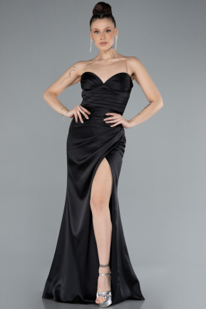 Robe de Soirée Longue Satin Noir ABU4663