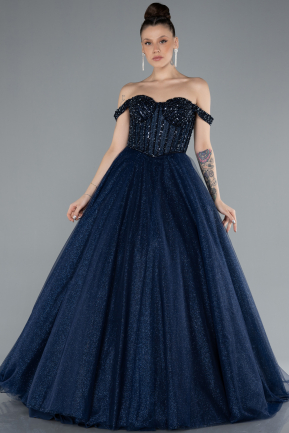 Robe de Fiançailles Design Personnalisé Longue Bleu Marine ABU4655