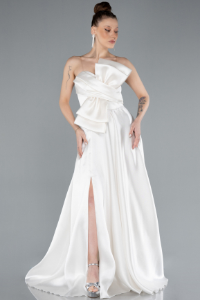 Robe de Soirée Longue Satin Blanc ABU4680