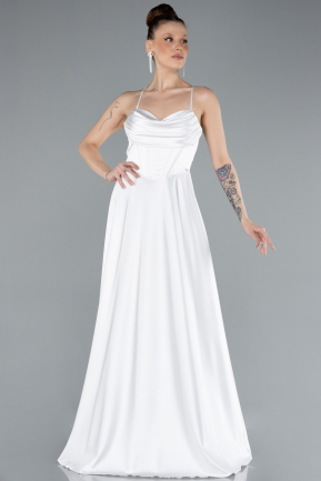 Robe de Soirée Longue Satin Blanc ABU4684