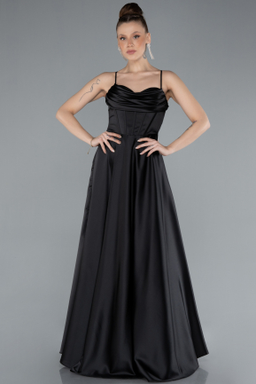 Robe de Soirée Longue Satin Noir ABU4684