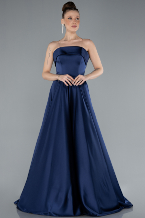 Robe de Soirée Longue Satin Bleu Marine ABU4685