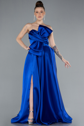 Robe de Soirée Longue Satin Bleu Saxe ABU4680