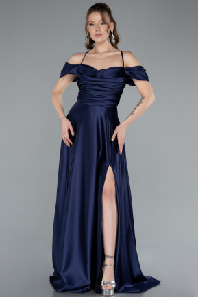 Robe de Soirée Longue Satin Bleu Marine ABU4703