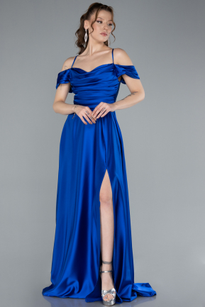 Robe de Soirée Longue Satin Bleu Saxe ABU4703