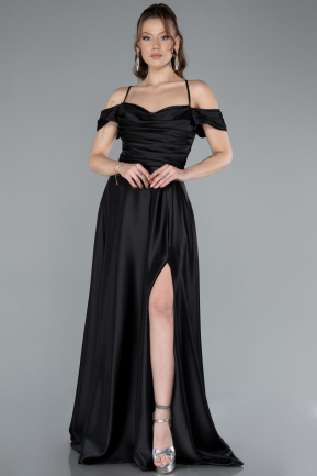 Robe de Soirée Longue Satin Noir ABU4703