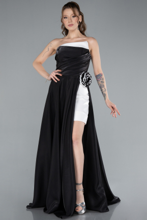 Robe de Soirée Longue Satin Noir-Blanc ABU4705