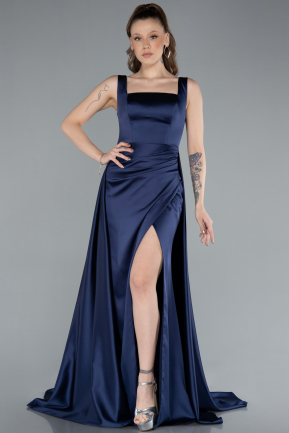 Robe de Soirée Longue Satin Bleu Marine ABU4715