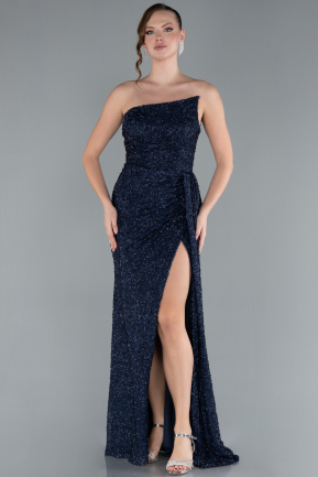 Robe de Soirée Longue Perlé Bleu Marine ABU4744