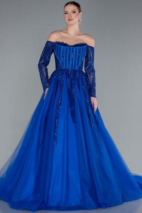 Robe De Soirée De Créateur Longue Bleu Saxe ABU4719