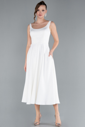 Robe De Cérémonie Satin Midi Blanc ABK2234