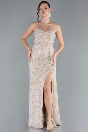 Robe de Soirée Longue Perlé Beige ABU4725