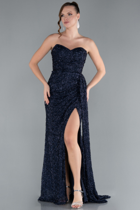 Robe de Soirée Longue Perlé Bleu Marine ABU4725