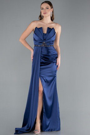 Robe de Soirée Longue Satin Bleu Marine ABU4779