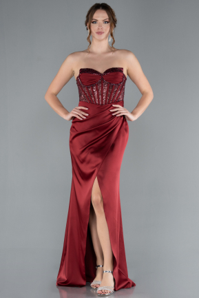 Robe de Soirée Longue Satin Rouge Bordeaux ABU4568