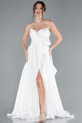 Robe de Soirée Longue Satin Blanc ABU4774